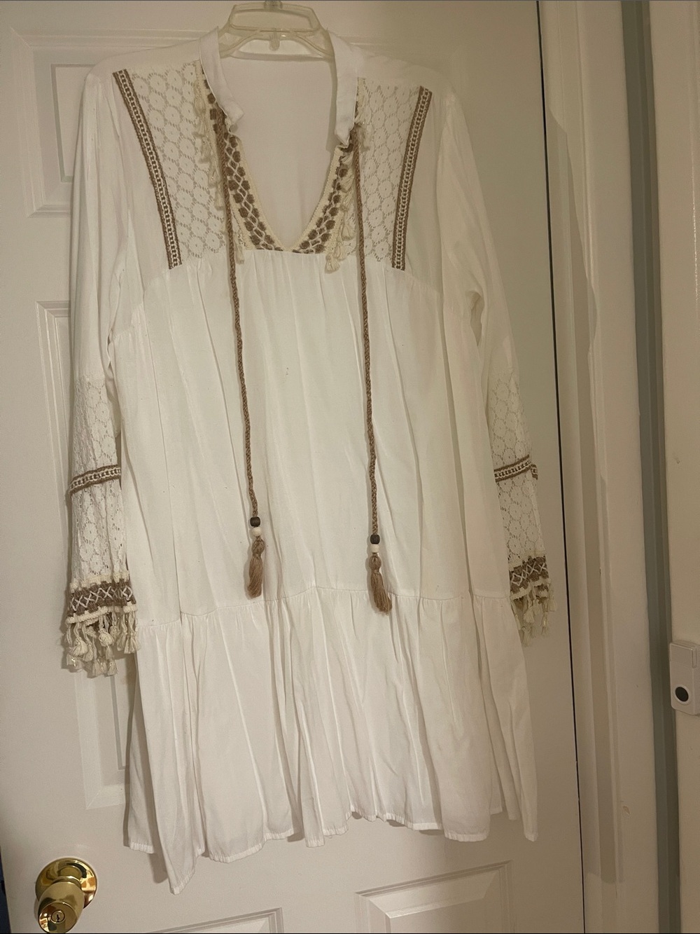 SHEIN White Boho Lace Tassel Tunic Dress with Tan Embroidery